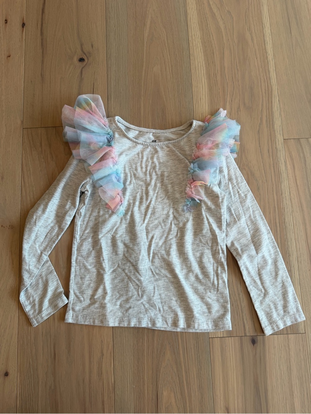 H&M Grey Long Sleeve Top with Pastel Rainbow Ruffle Shoulders